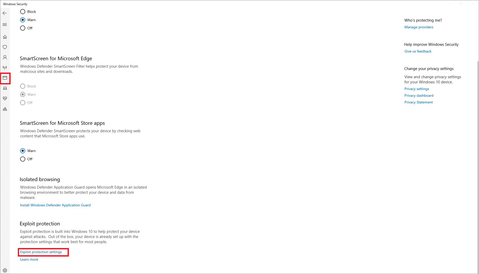 The Exploit protection settings option in the Windows Security app