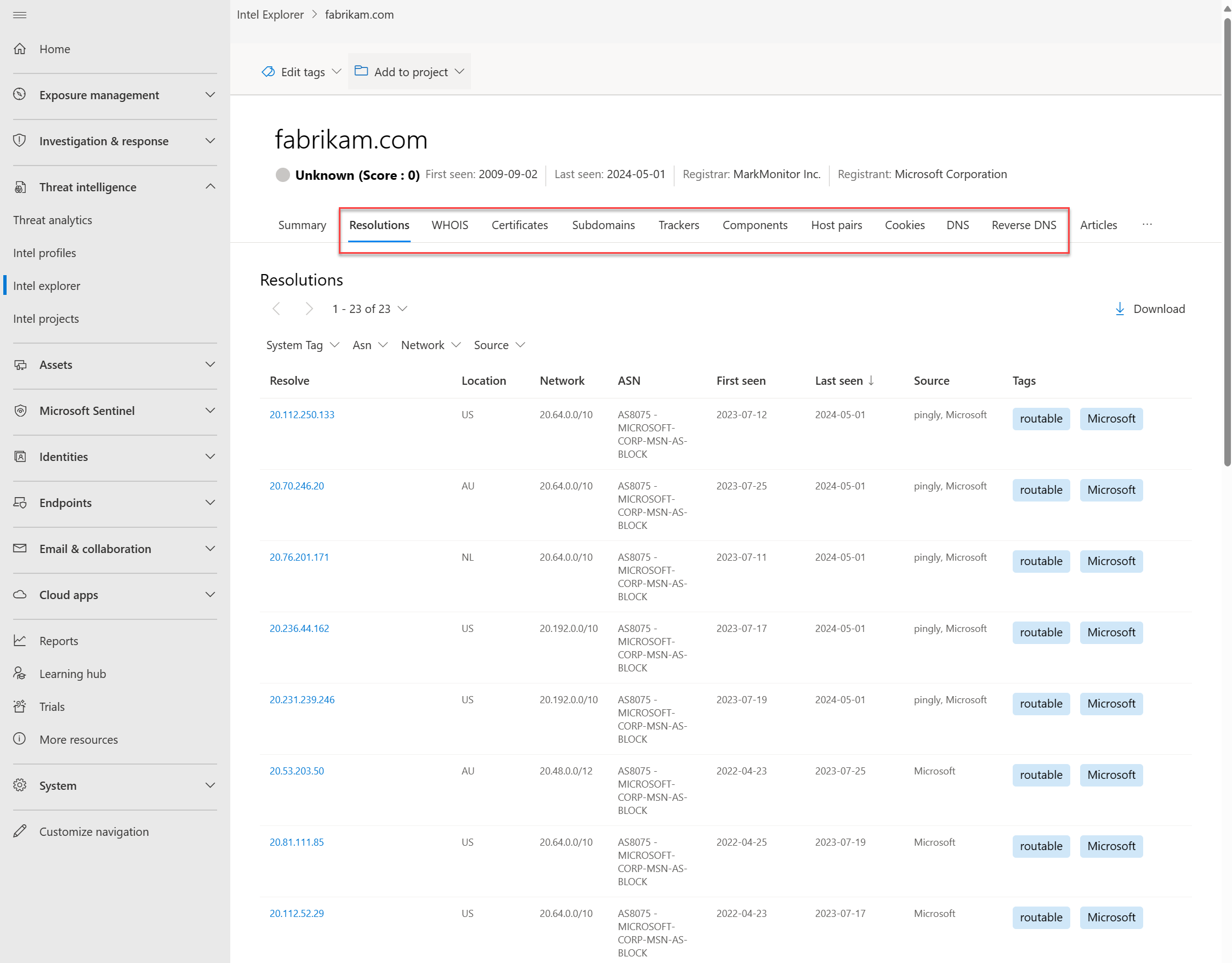Sorting data sets screenshot.