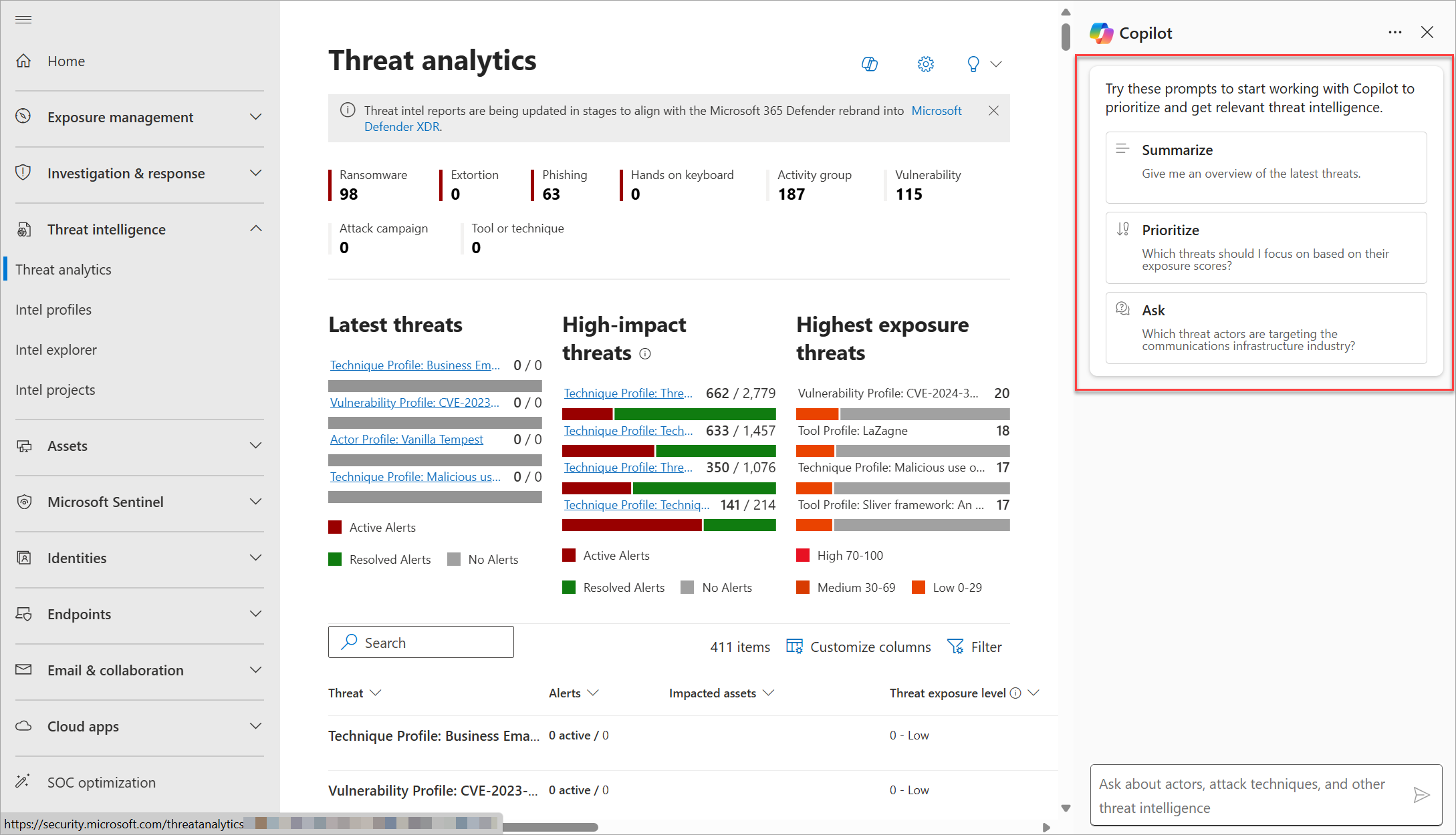 Screenshot that shows the Microsoft Defender portal Threat analytics page with the built-in prompts in the open Copilot in Defender side pane highlighted.