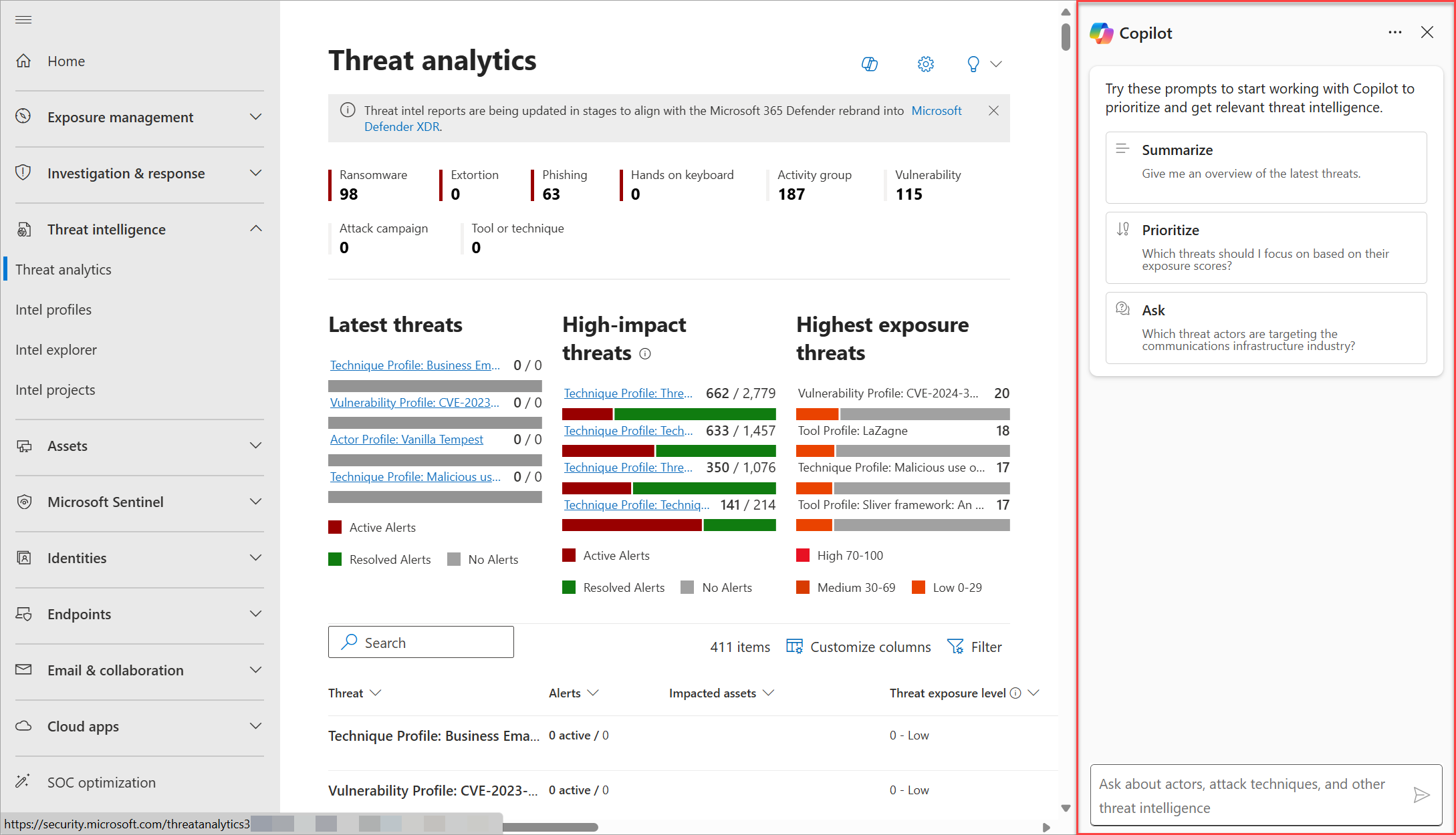 Screenshot that shows the Microsoft Defender portal Threat analytics page with the open Microsoft Copilot in Defender side pane highlighted.