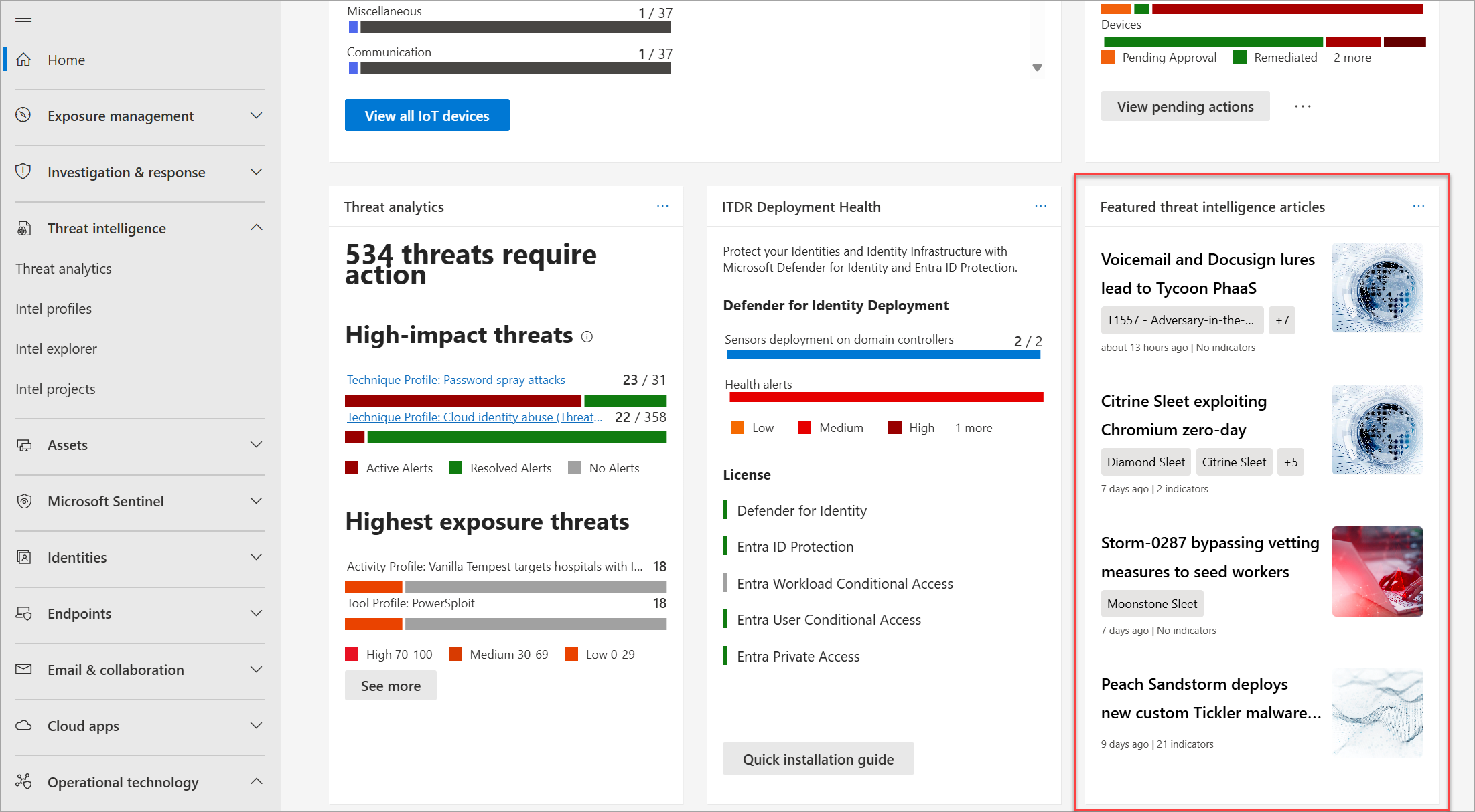 Screenshot of Featured threat intelligence articles widget in the Defender portal home page.