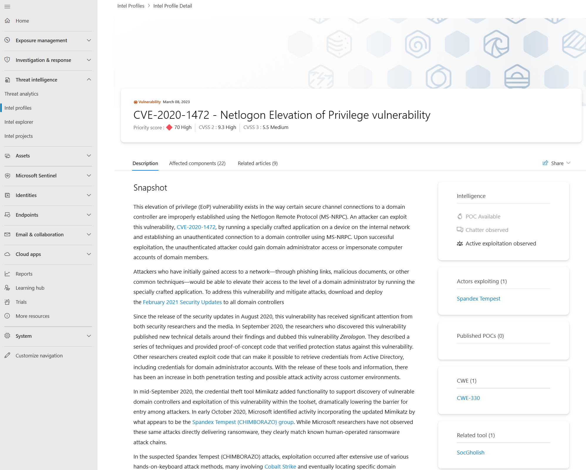 Screentshot of the CVE-2020-1472 Netlogon vulnerability profile.