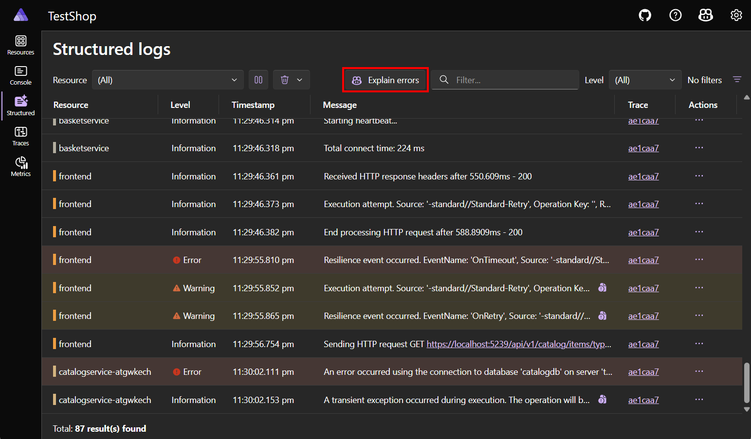 A screenshot of the structured logs page with an Explain errors button.
