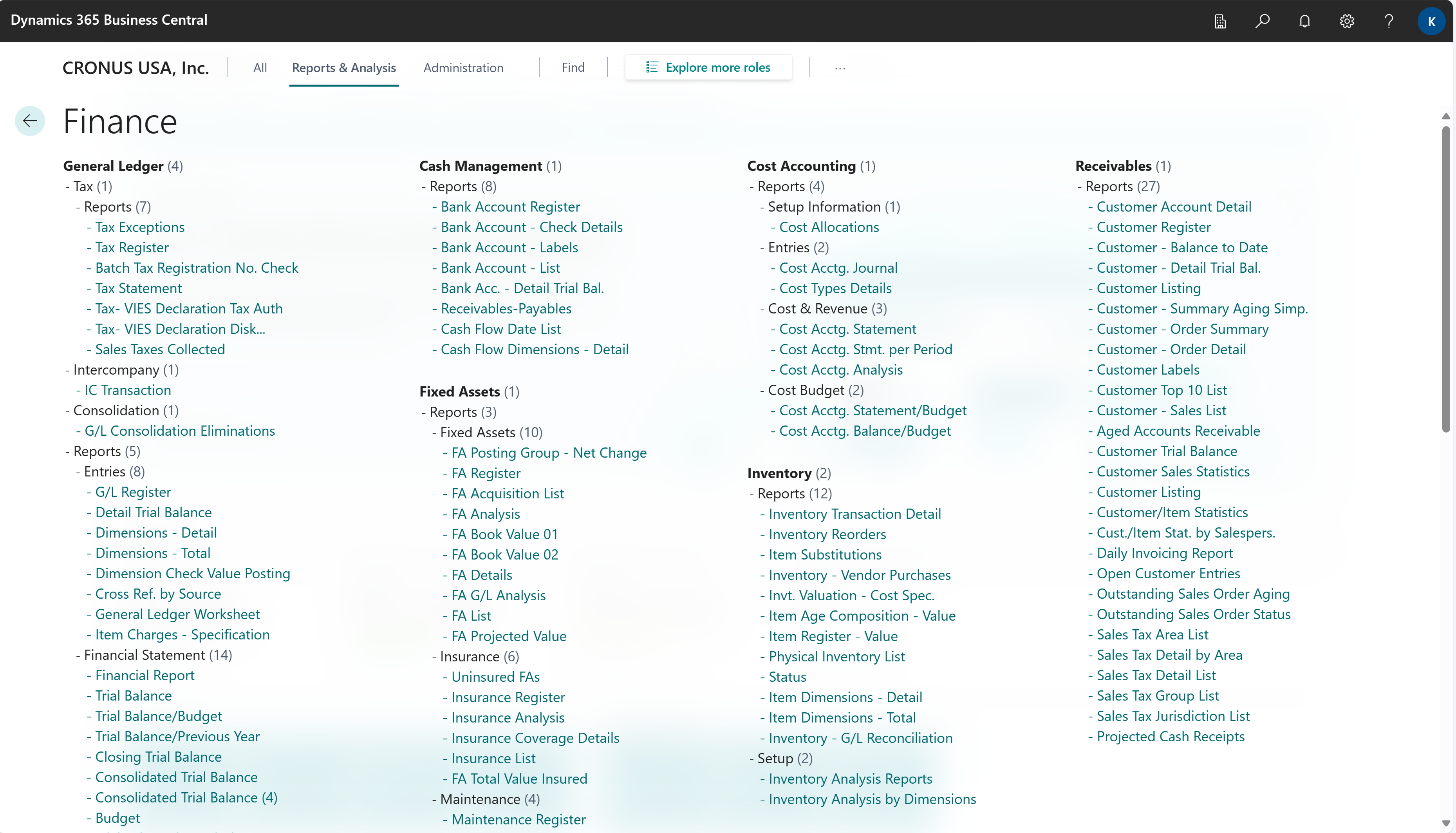 Example of how the report explorer shows all reports for a role.