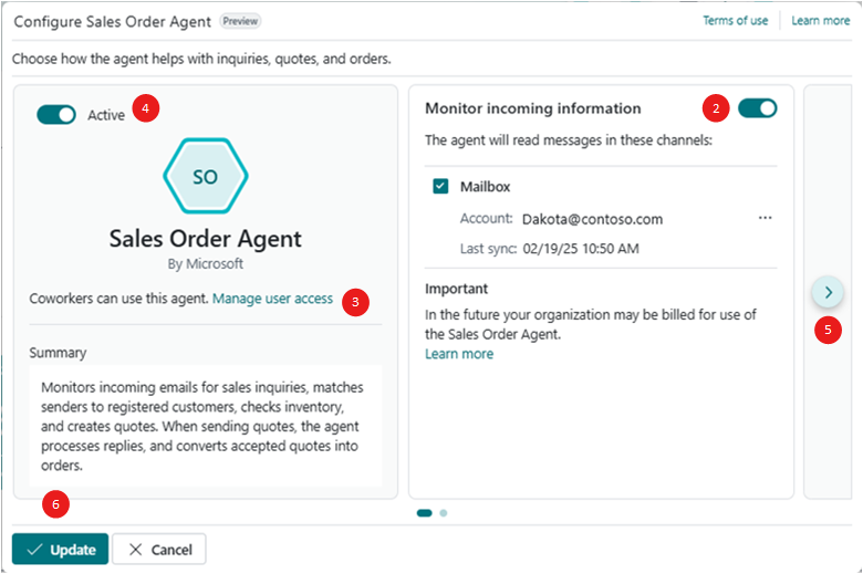 Shows the Sales Order Agent configuration page Shows the Sales Order Agent configuration page