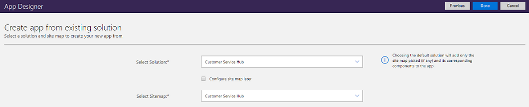 Use an existing solution to create the app Use existing solution to create the app page.
