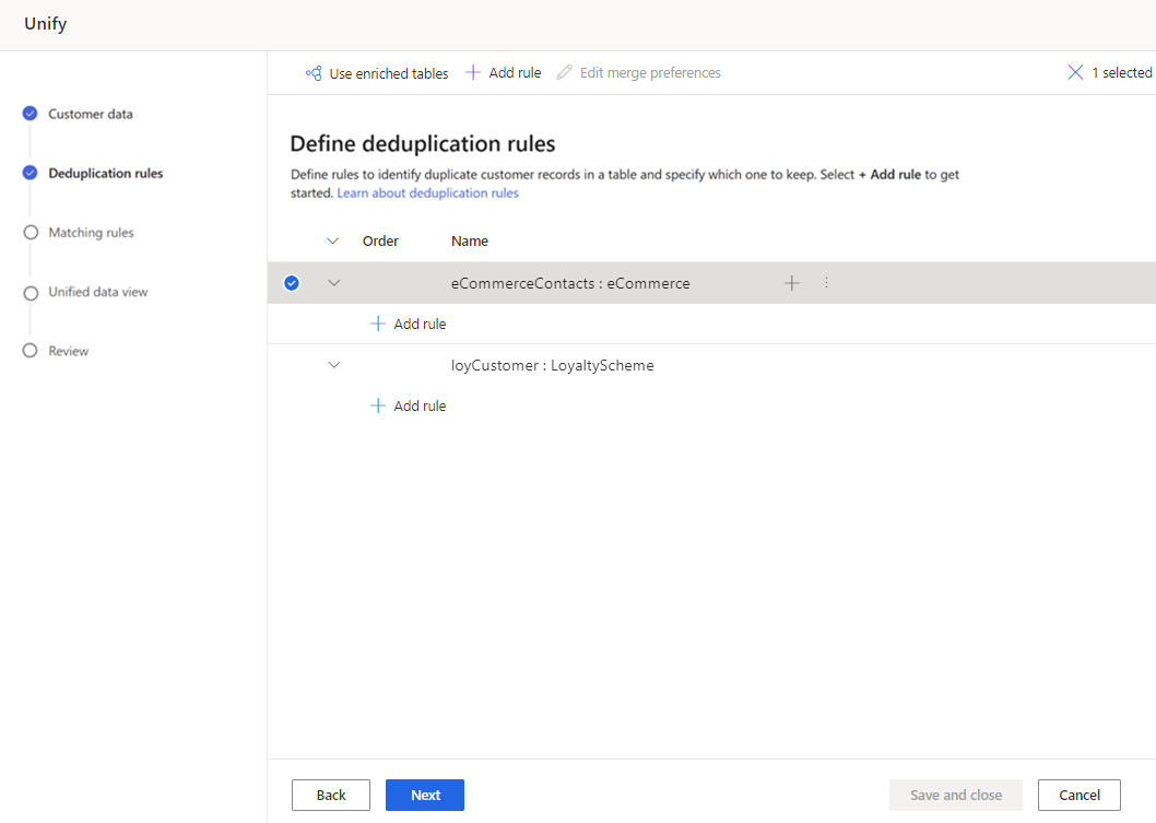 Screenshot of Deduplication rules page with table highlighted and Add rule displayed