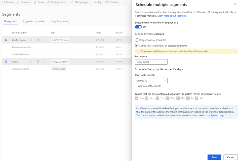 Selected segments with Schedule pane.