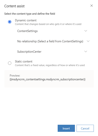 The email content assist dialog box The email content assist dialog box.