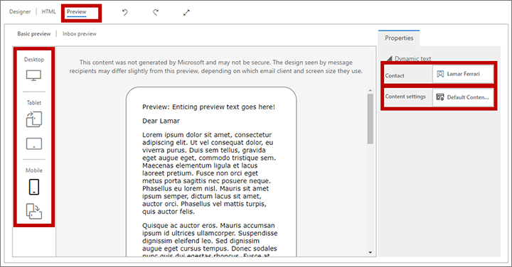 The email preview and preview settings The email preview and preview settings.