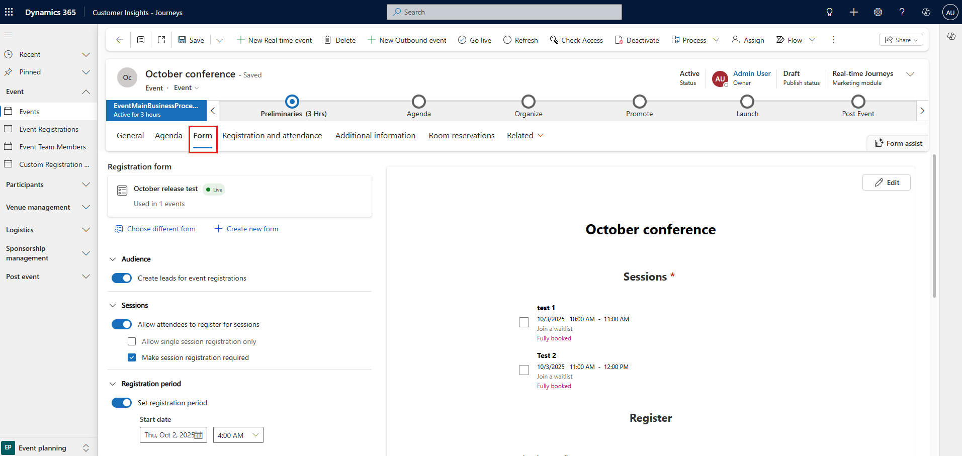 Form tab showing registration settings.