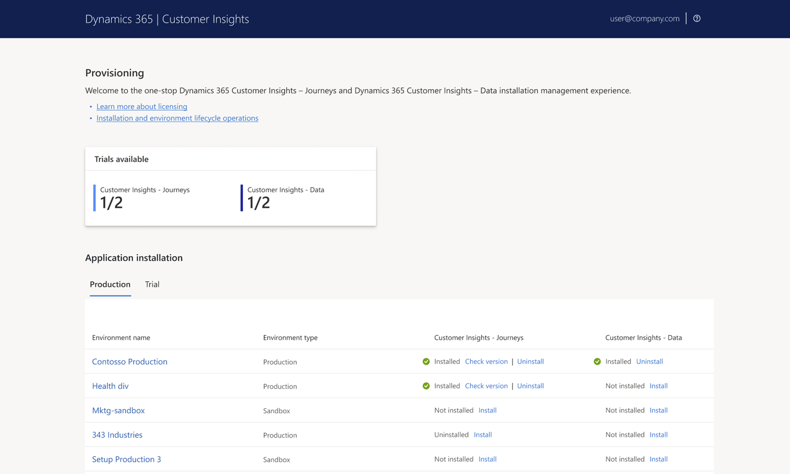 Installation management area screenshot.