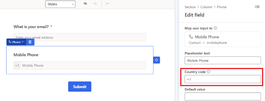 Set the country/region code for phone number.