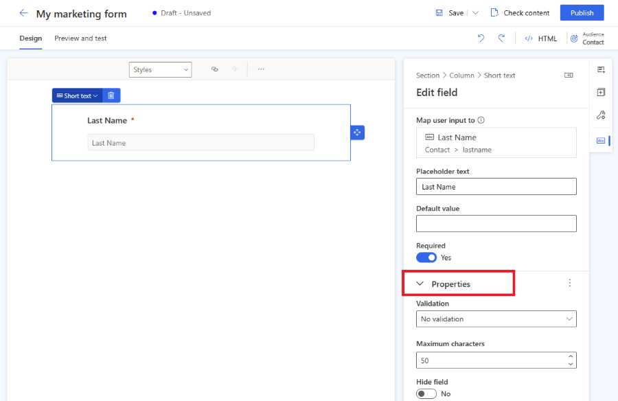 Screenshot of the field properties pane that appears after you add a field to the form.