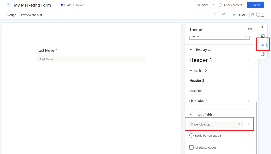 Screenshot of the Theme section where you edit the style of an input field in a form.