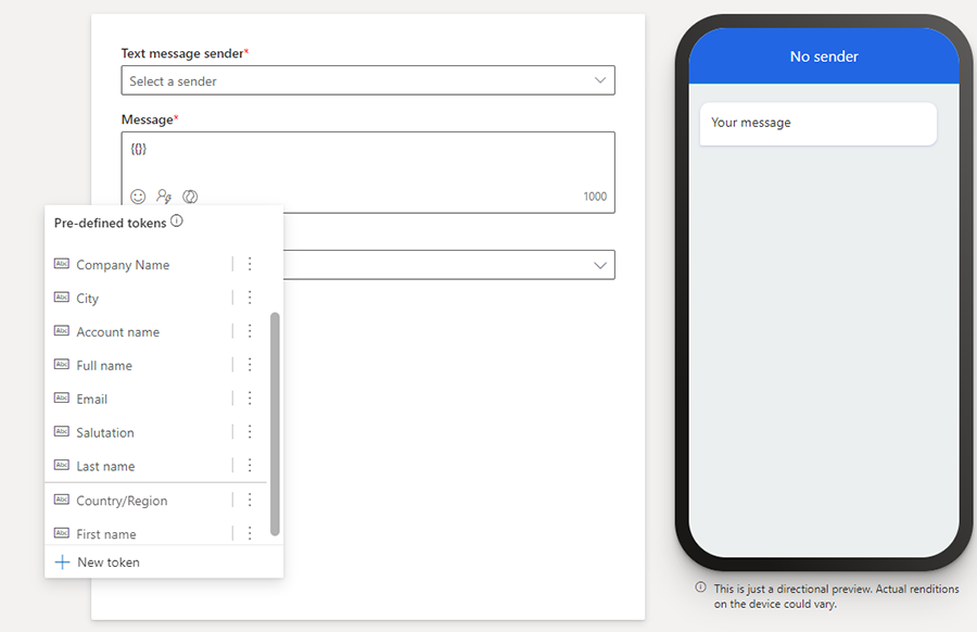 Screenshot of adding predefined dynamic text to a text message Screenshot of adding predefined dynamic text to a text message.