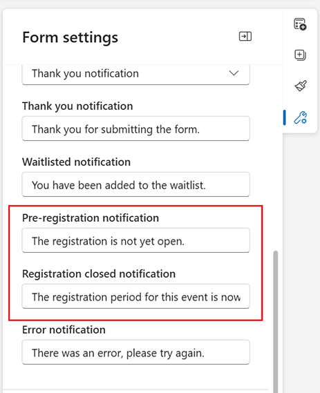 Registration period notification settings.