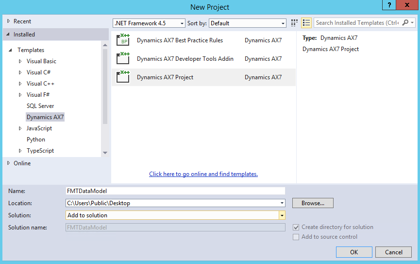 New project dialog.