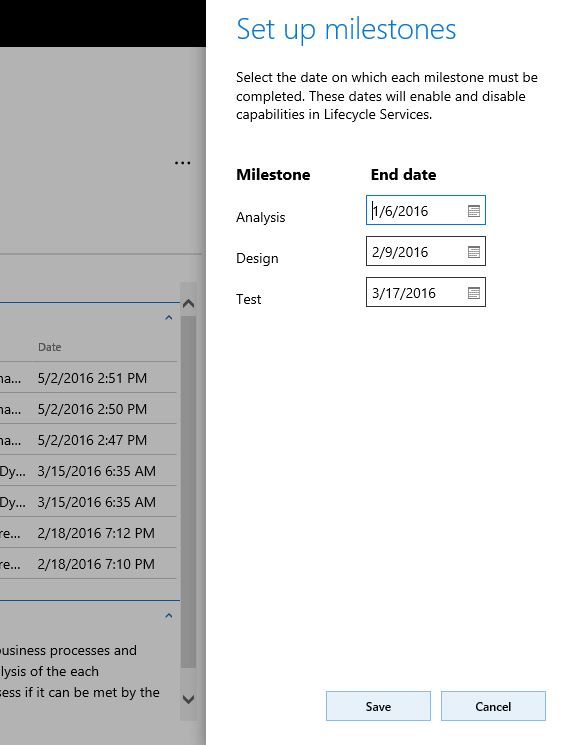 Set up milestones dialog box.
