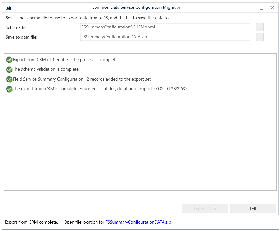 Screenshot of the Configuration Migration page when you selected the schema file and data file.