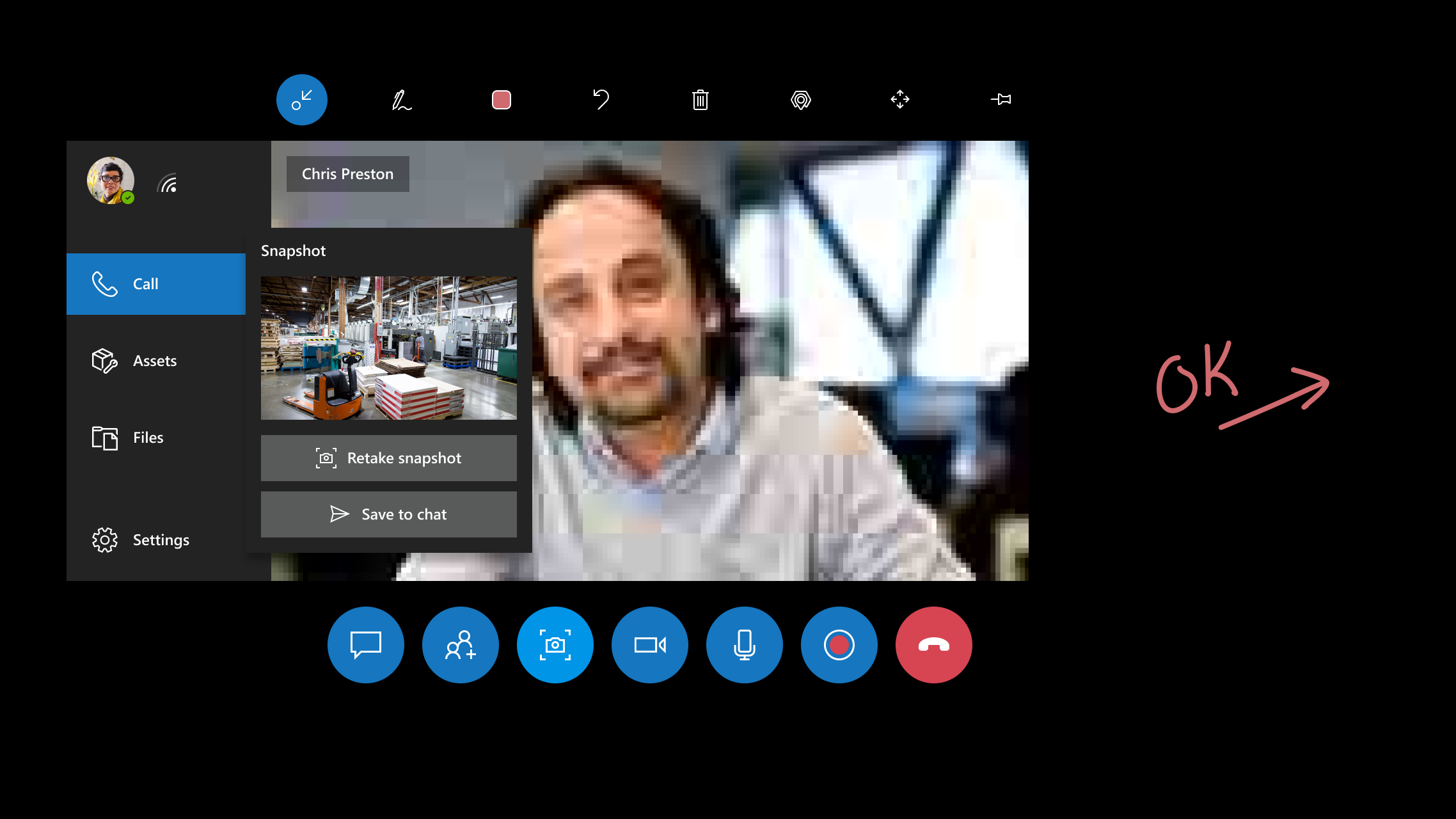 Snapshot sent Screenshot of Dynamics 365 Remote Assist on HoloLens, showing the snapshot is sent.