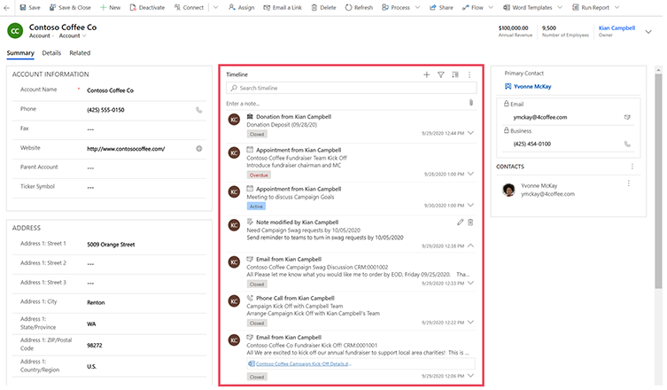 Account contact card highlighting the activity timeline. Account contact card highlighting the activity timeline.