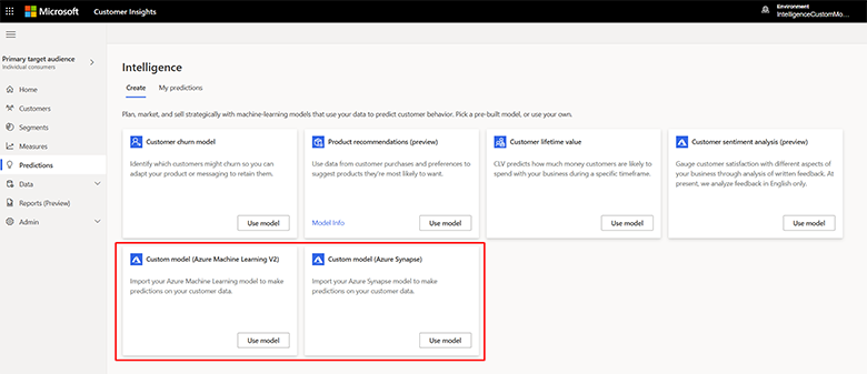 Access custom model connections from the Predictions page in Dynamics 365 Customer Insights. Access custom model connections from the Predictions page in Dynamics 365 Customer Insights.