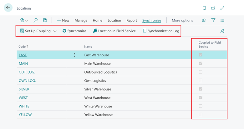 Shows locations list with Synchronize action group and Coupled to Field Service column Shows locations list with Synchronize action group and Coupled to Field Service column