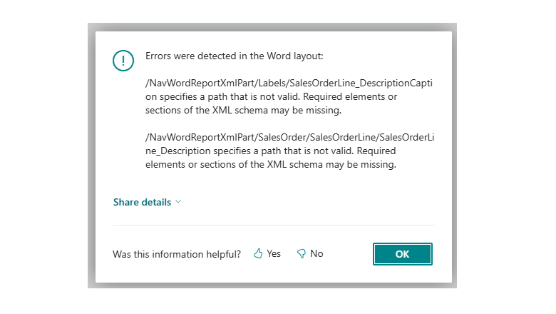 Screenshot of a report validation dialog box Screenshot of a report validation dialog box