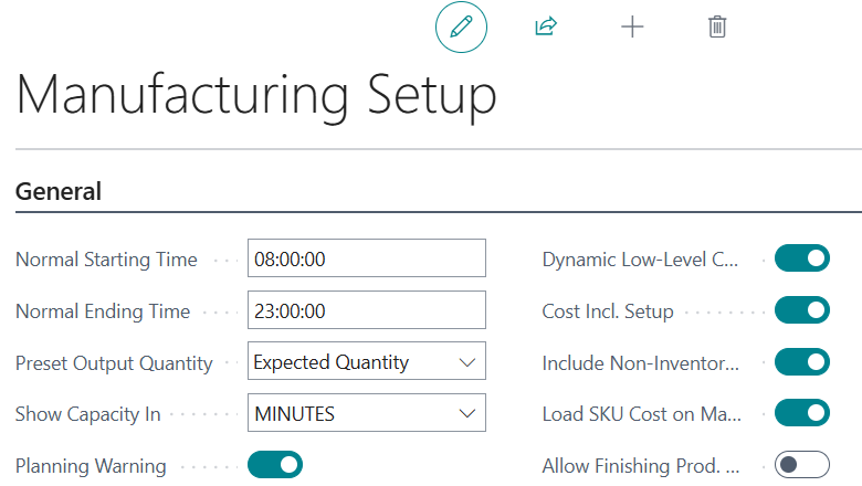 Manufacturing Setup page