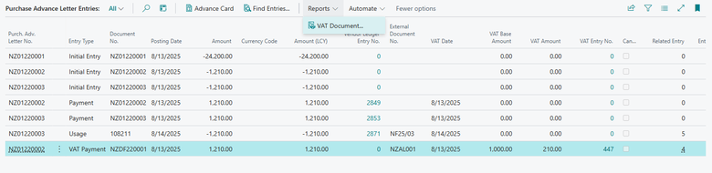 Screenshot of purchase advance entries.