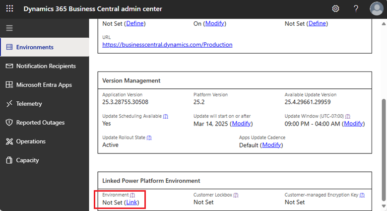 Screenshot of Power Platform environment link in environment details page in Business Central Screenshot of Power Platform environment link in environment details page in Business Central