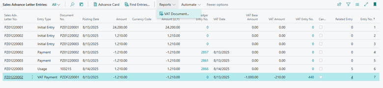 Screenshot of sales advance entries.