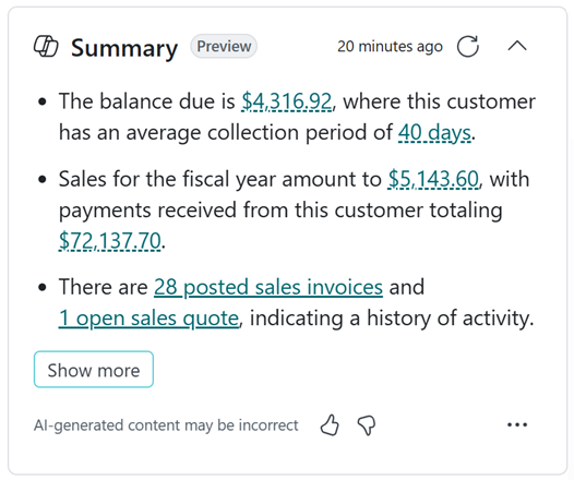 The Summary FactBox, expanded and displaying a summary. The Summary FactBox, expanded and displaying a summary.