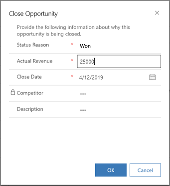 Screenshot of the Close Opportunity form that appears when you select Close as Won