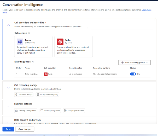 Screenshot of the call providers and recording page in Conversation intelligence settings.