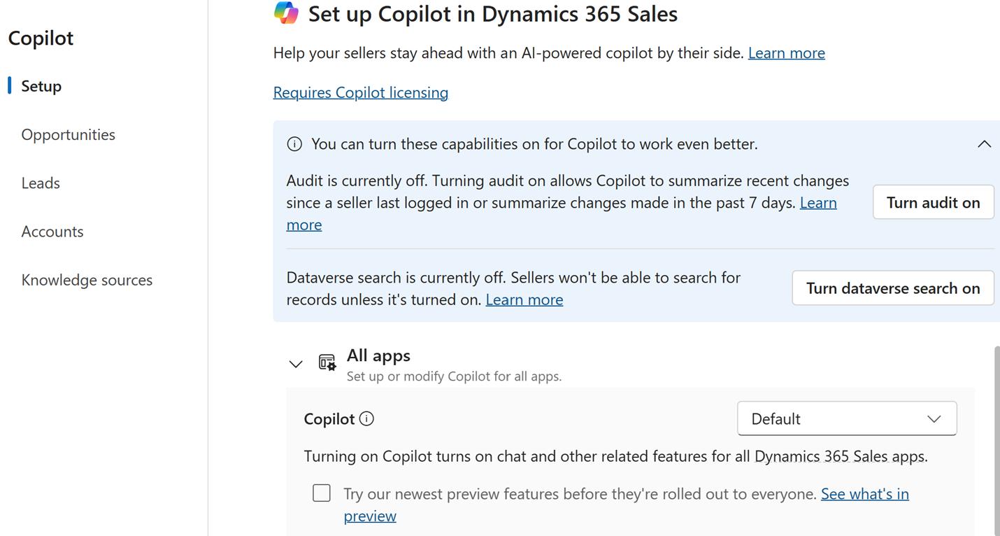 Screenshot of the Copilot settings page in Dynamics 365 Sales Hub.