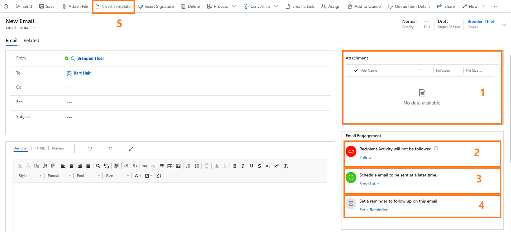 Screenshot of the New Email page in Dynamics 365 Sales, with email engagement features highlighted.