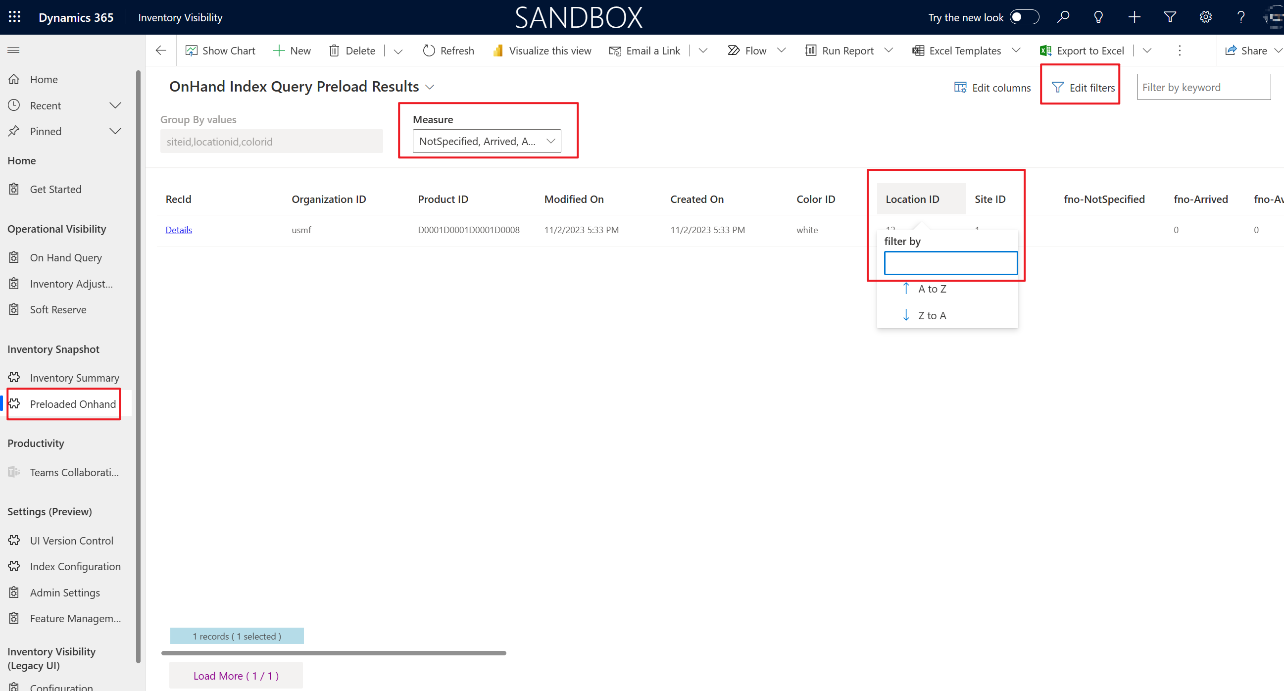 Screenshot of the Onhand index query preload results page.
