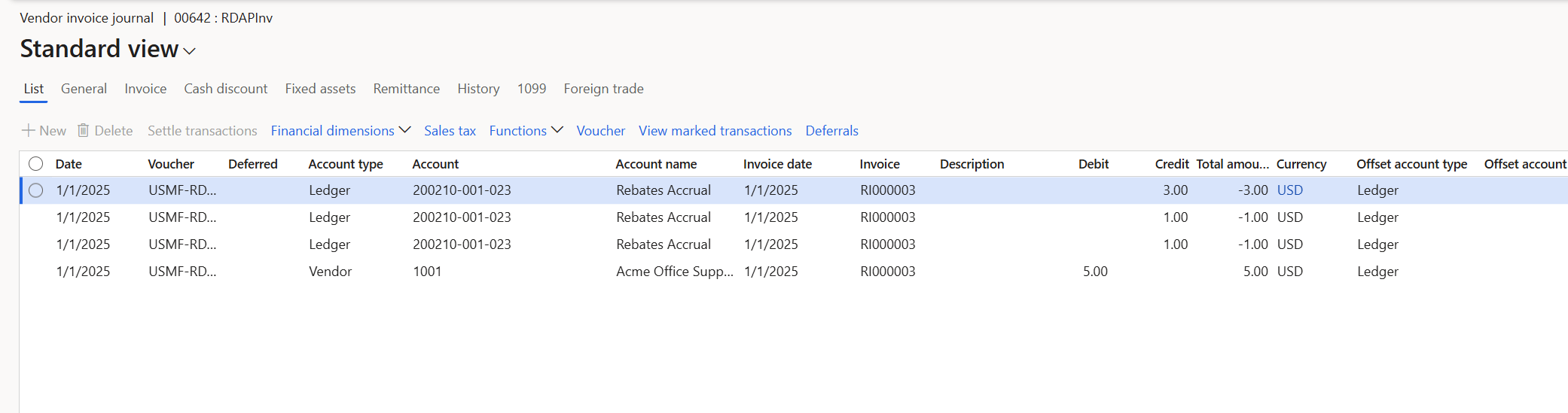 Screenshot showing a vendor invoice journal with consolidation.