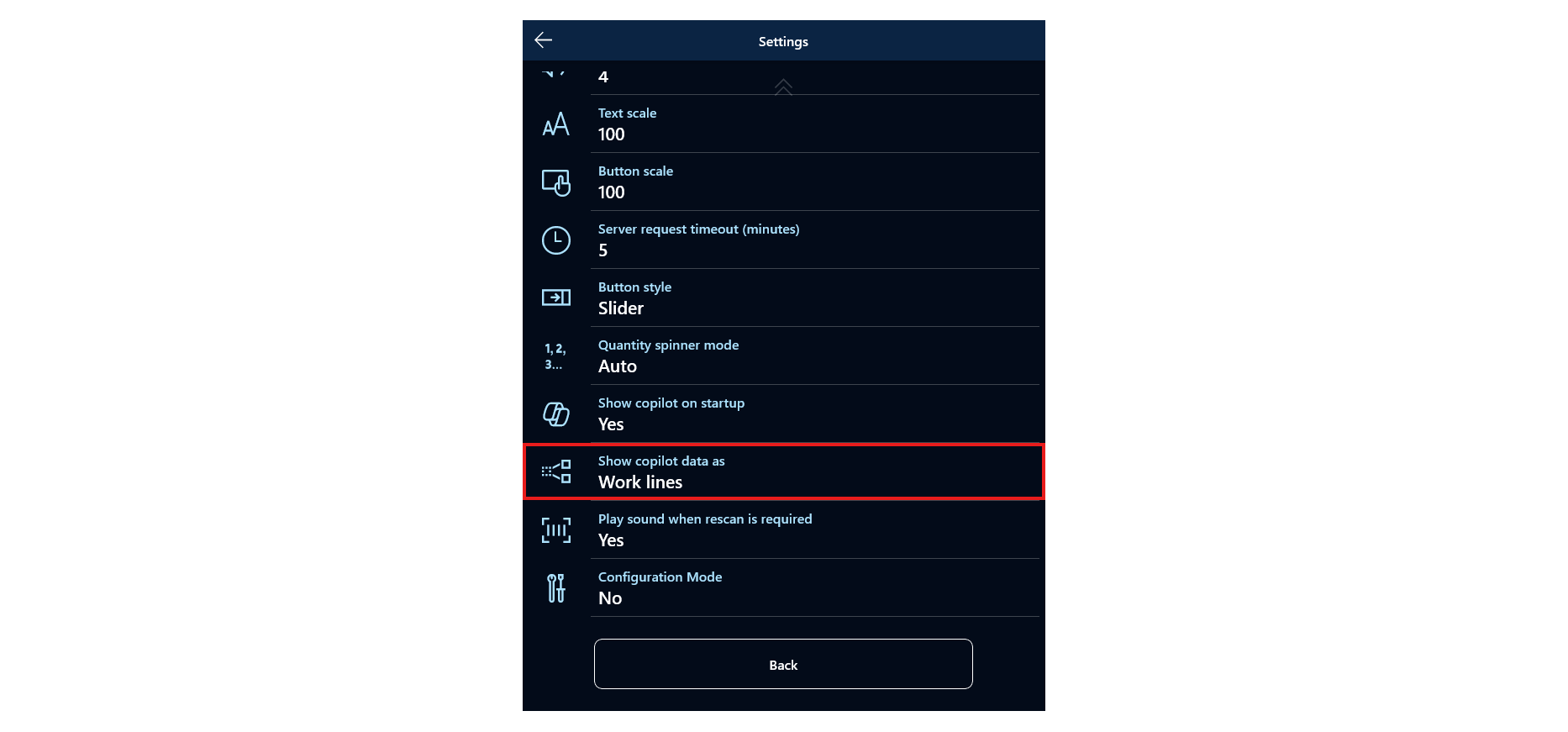 Screenshot that shows the Show copilot data as entry on the Settings menu.