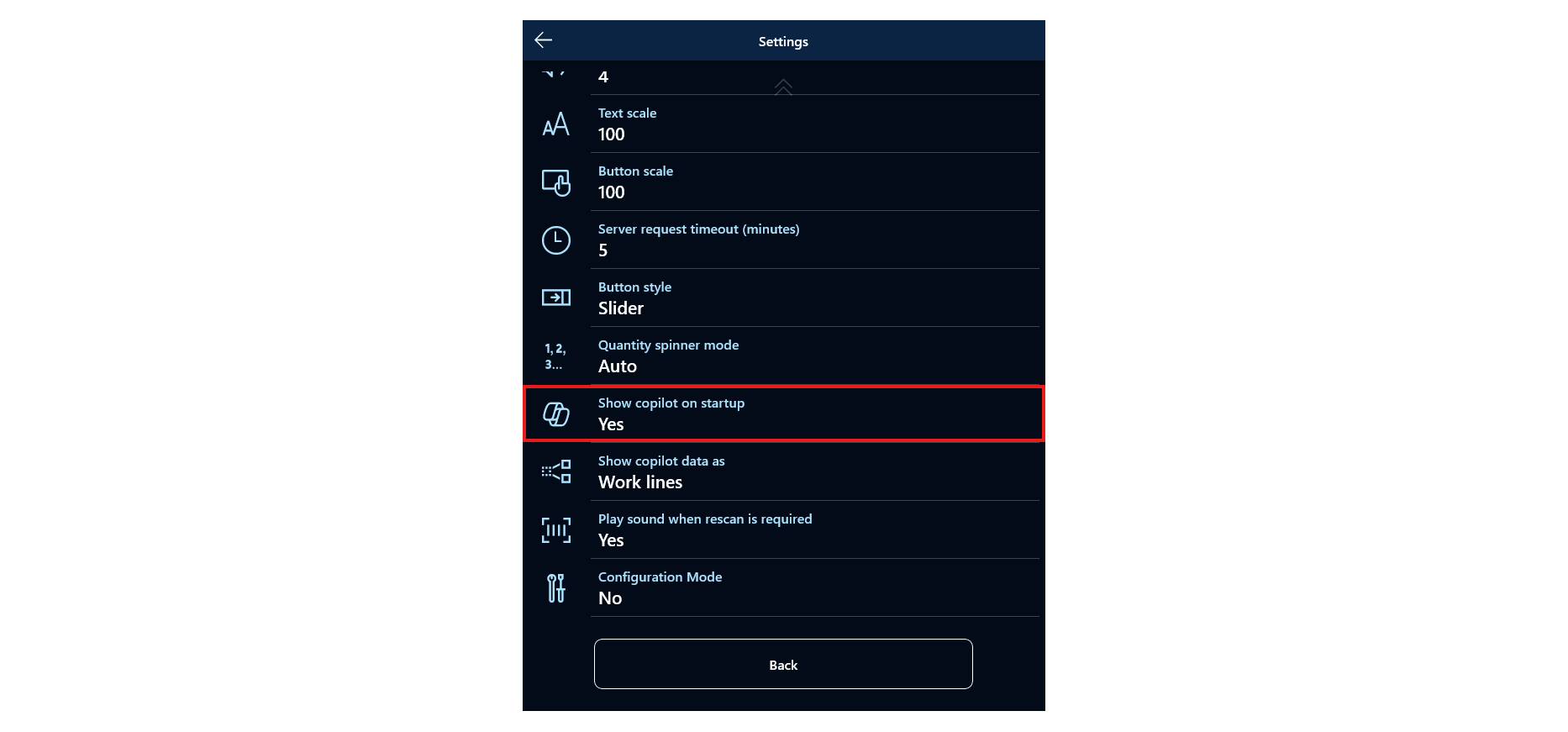 Screenshot that shows the Show copilot on startup entry on the Settings menu.