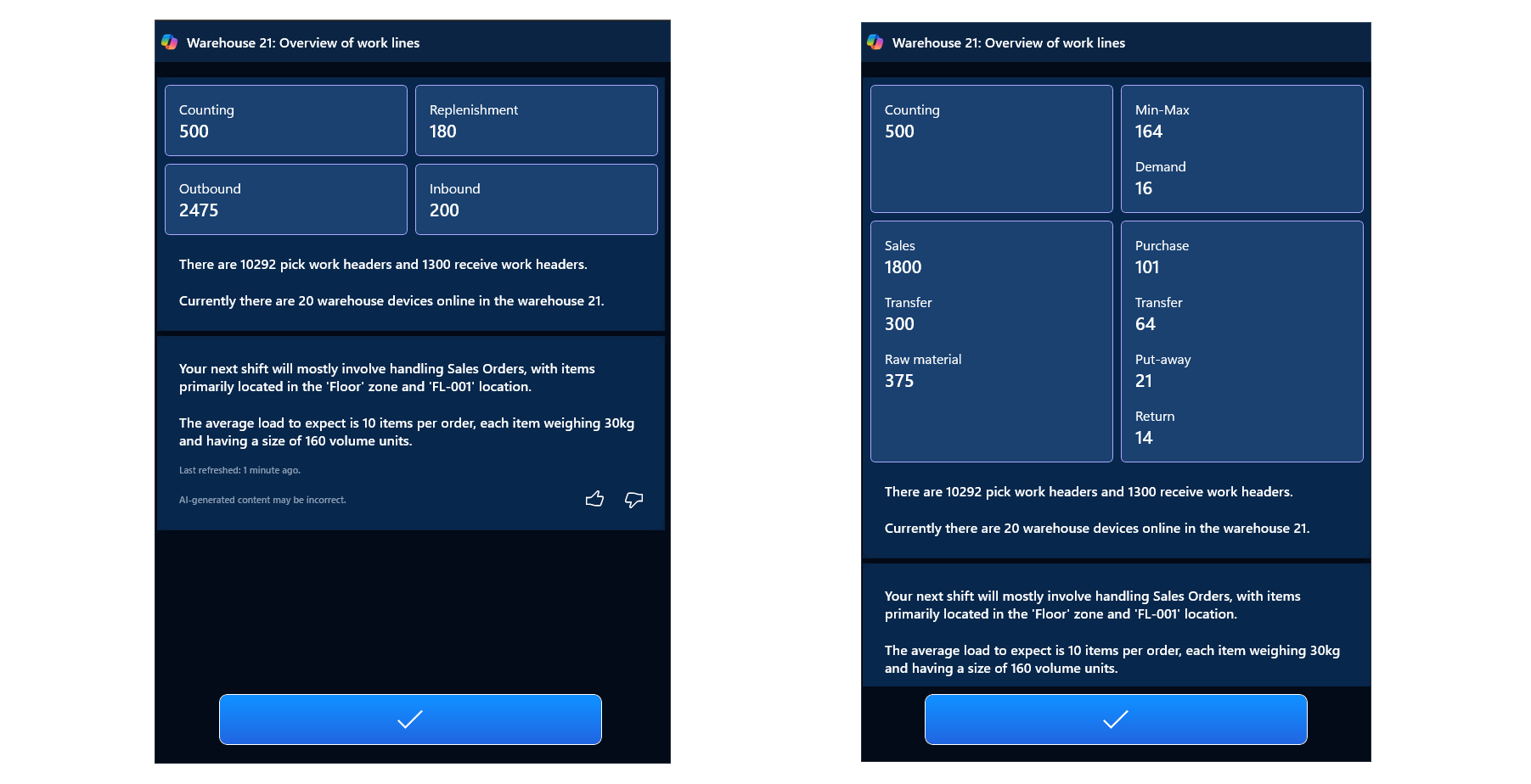 Screenshots of the initial and detailed views of unstarted work lines scheduled for the current warehouse.
