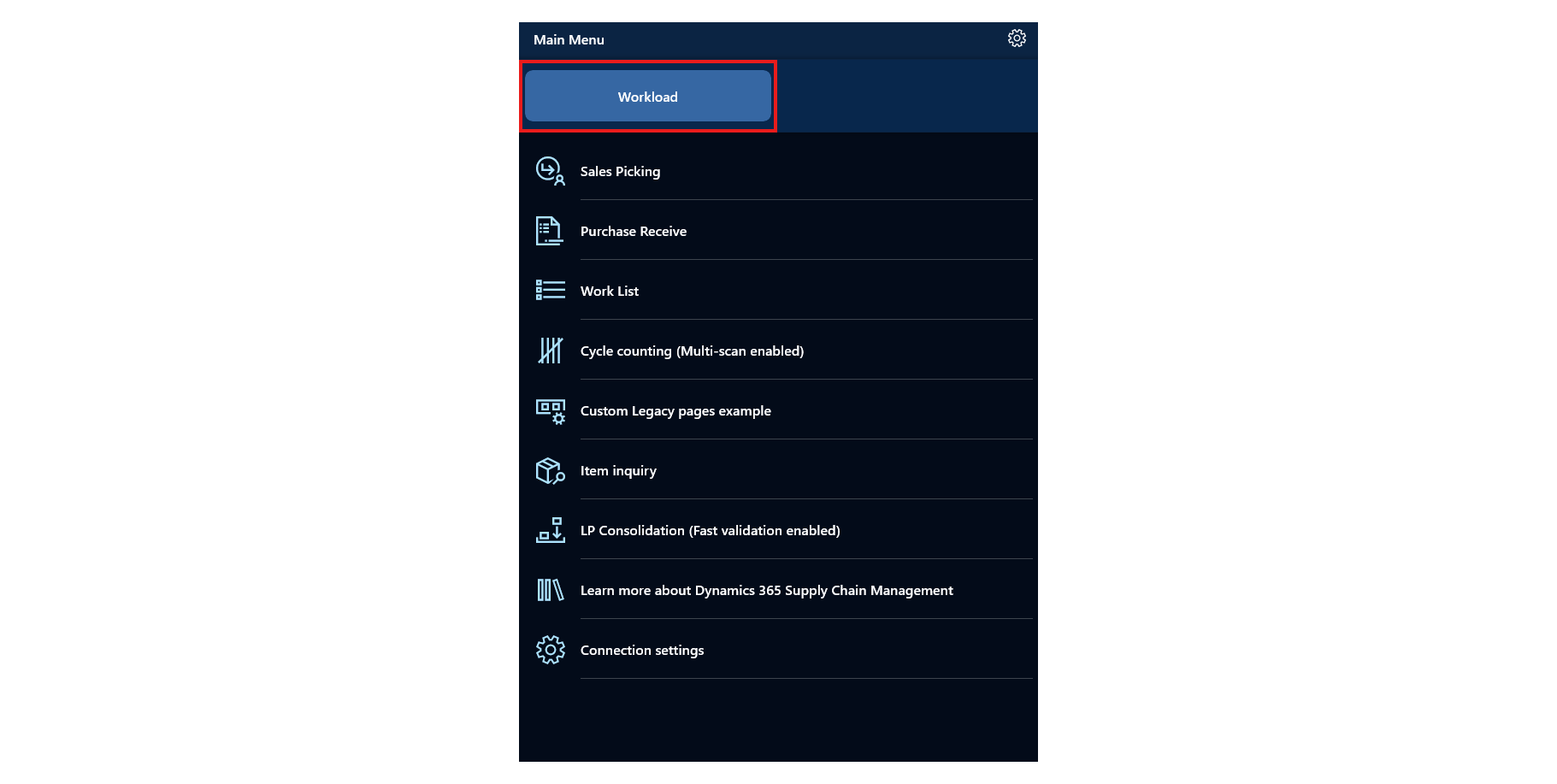 Screenshot that shows the Workload button at the top of the Main menu.
