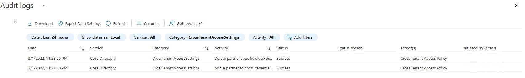 Screenshot of the audit logs for cross-tenant access settings.