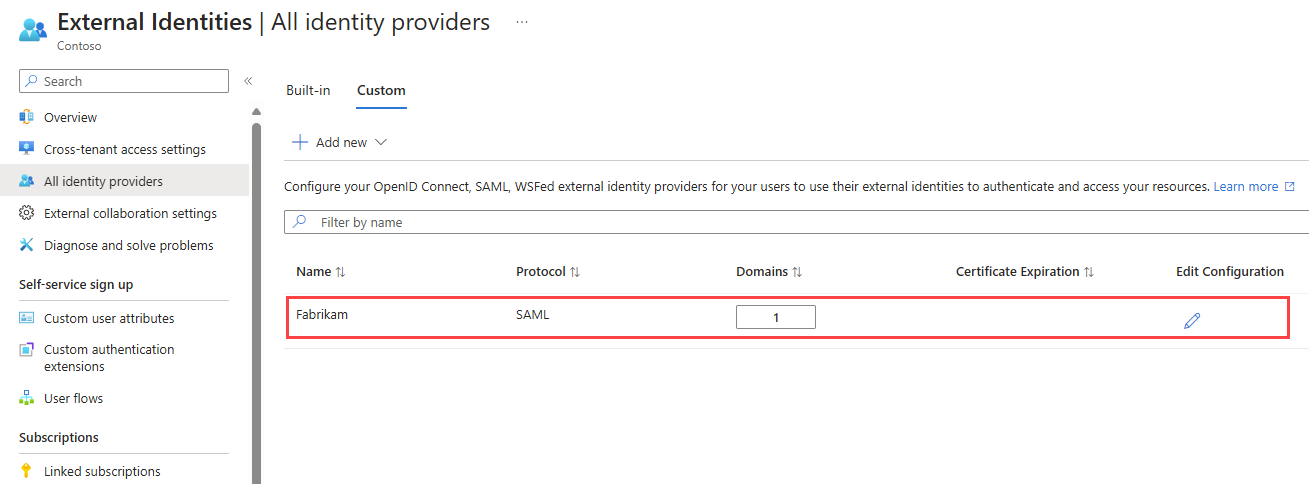 Screenshot showing the SAML/WS-Fed identity provider list with the new entry.