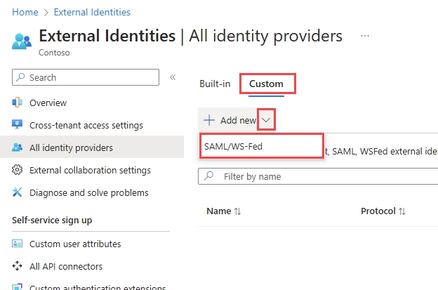 Screenshot showing button for adding a new SAML or WS-Fed IdP.
