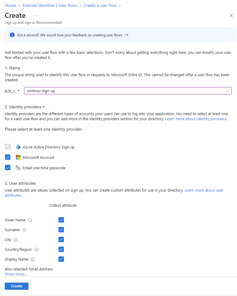 Screenshot of the new user flow creation page.