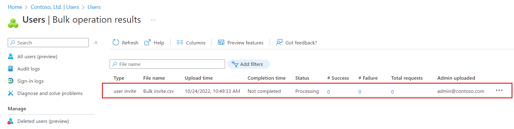 Screenshot of the bulk operation results.