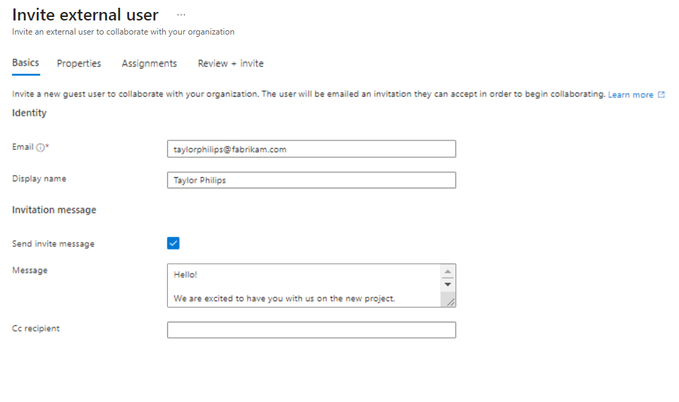 Screenshot showing the Invite a new guest user invitation entry page.